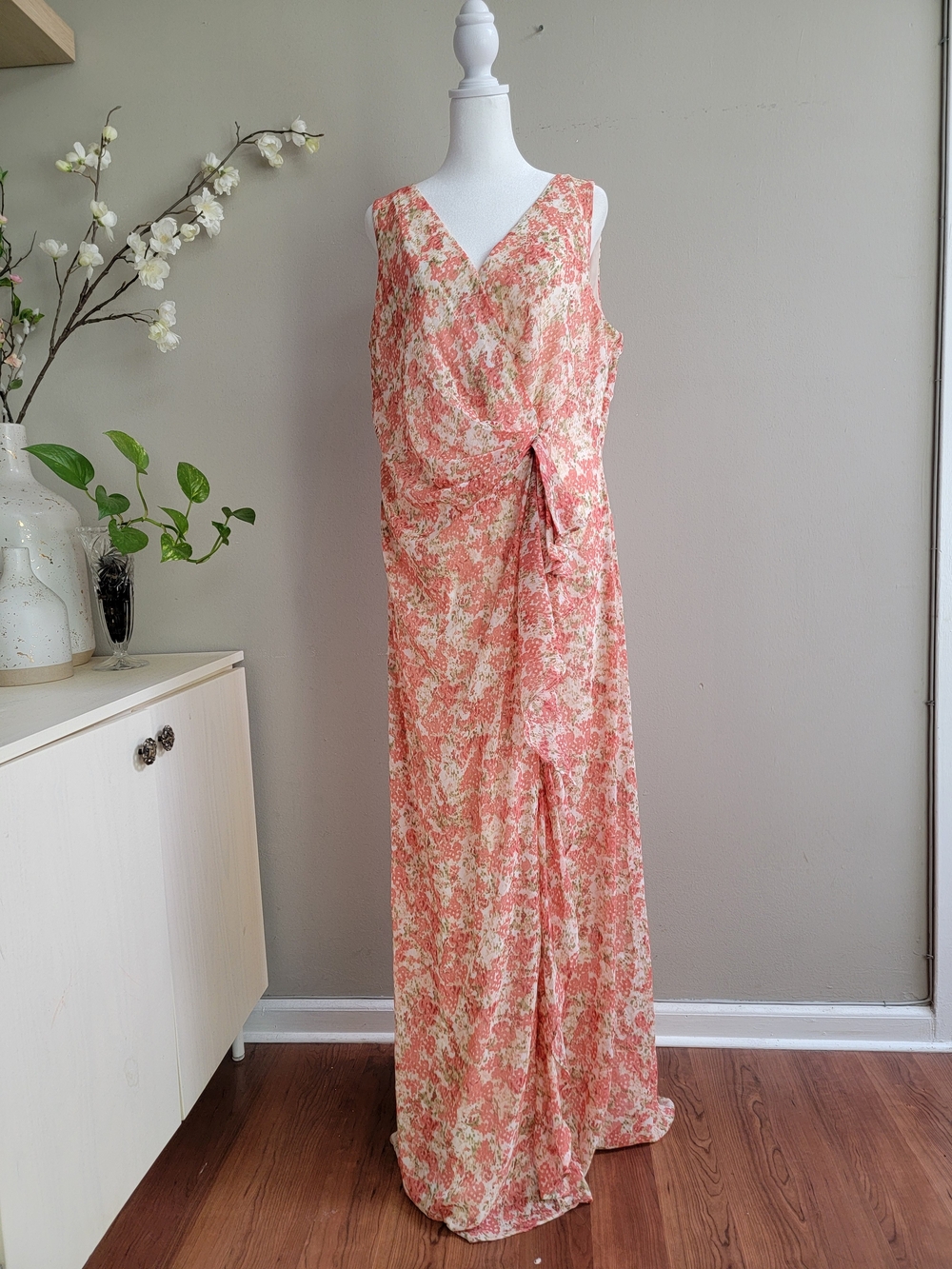 Lauren Ralph Lauren Coral Pink Floral Wrap-Style Maxi Dress Size 16
